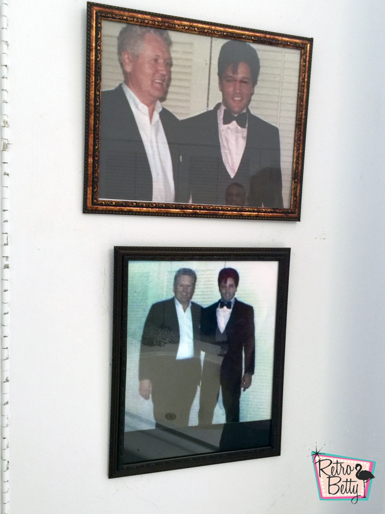 These pictures of Elvis on his wedding dad with his father Vernon hang in the bathroom where they got ready on the actual wedding day.